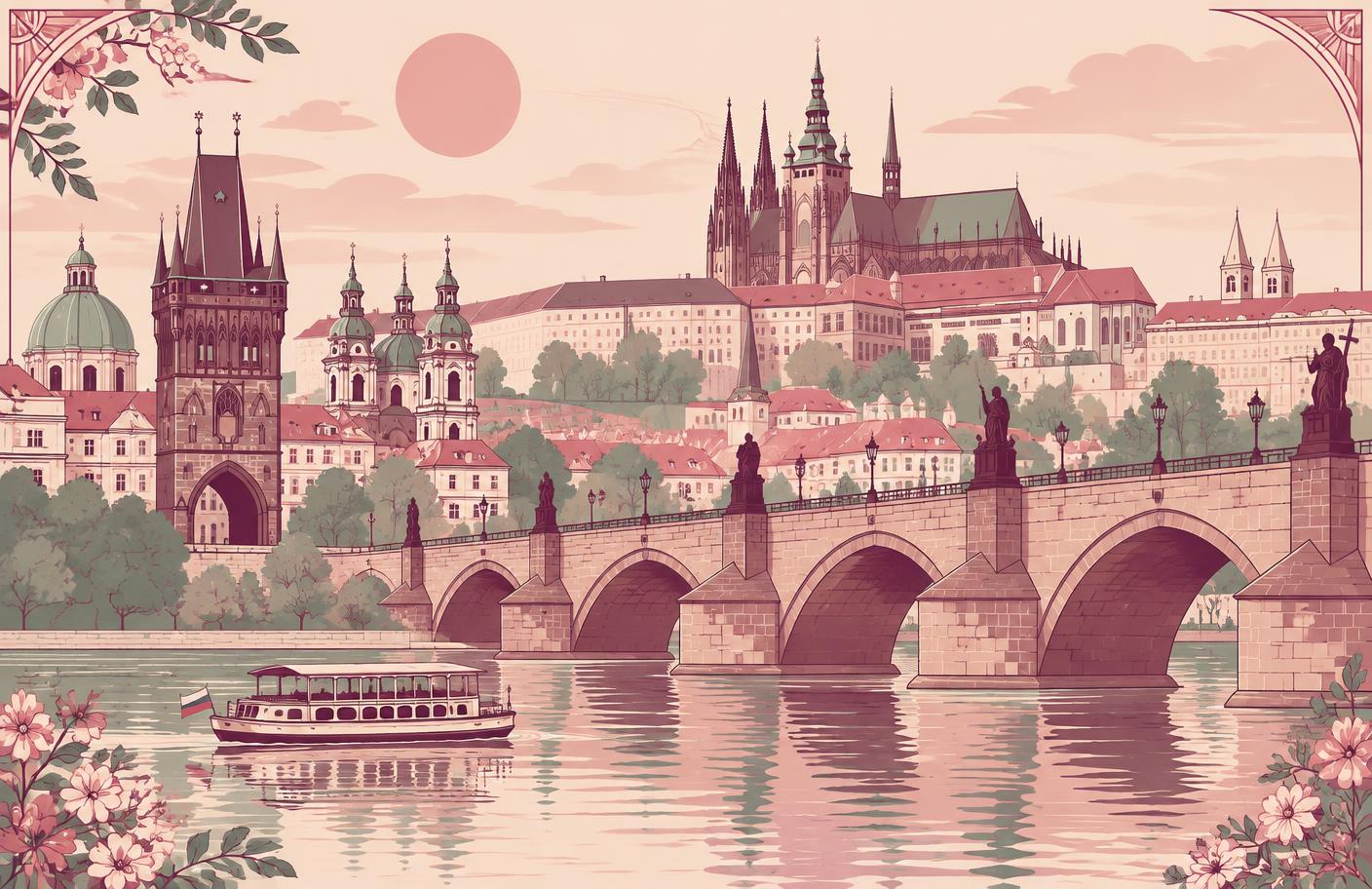 Illustration of the Prague skyline in pink and cream